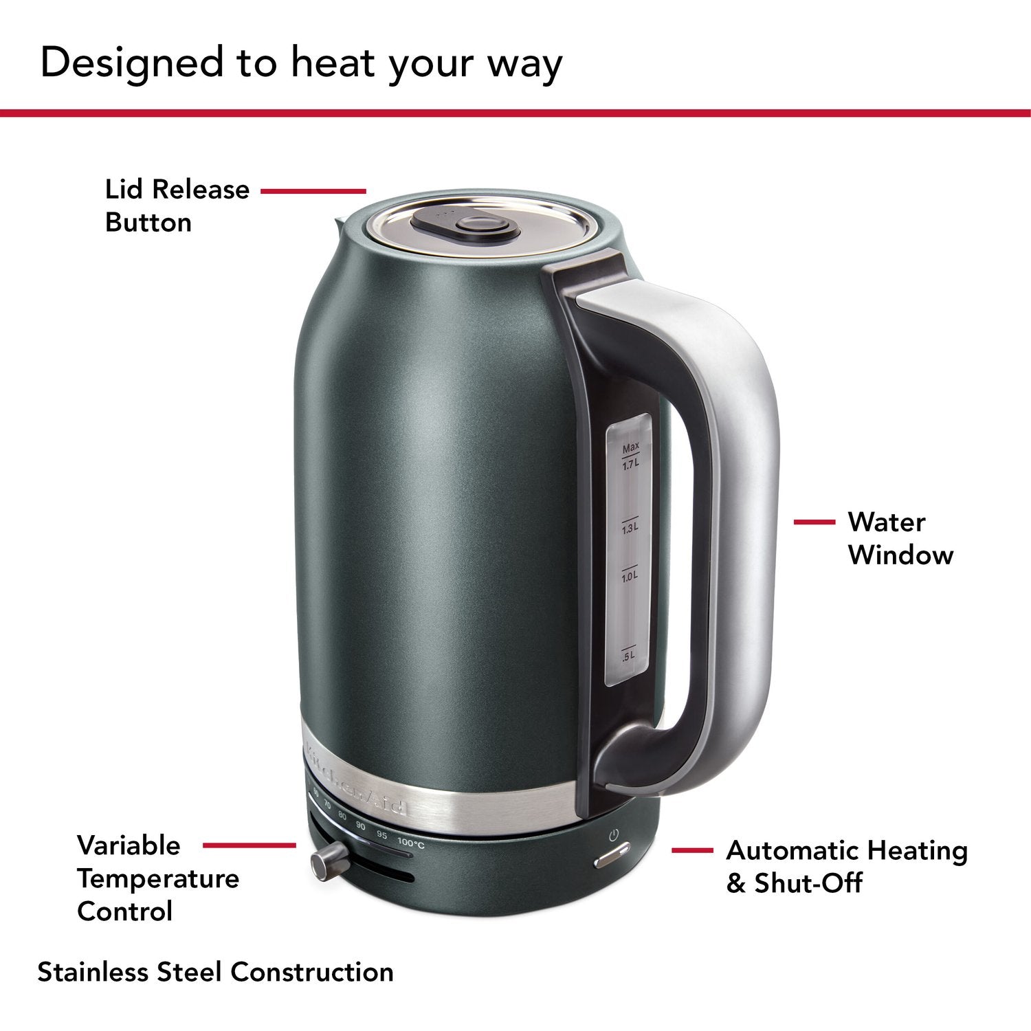 Juniper electric water kettle with lid, handle, water window, and variable temperature control