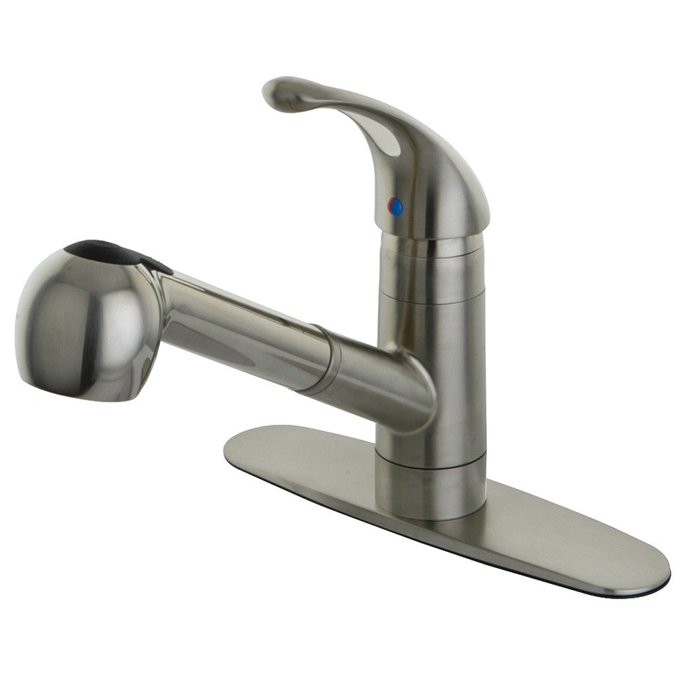 Brushed nickel single-handle kitchen faucet with pull-out sprayer and wide deck plate