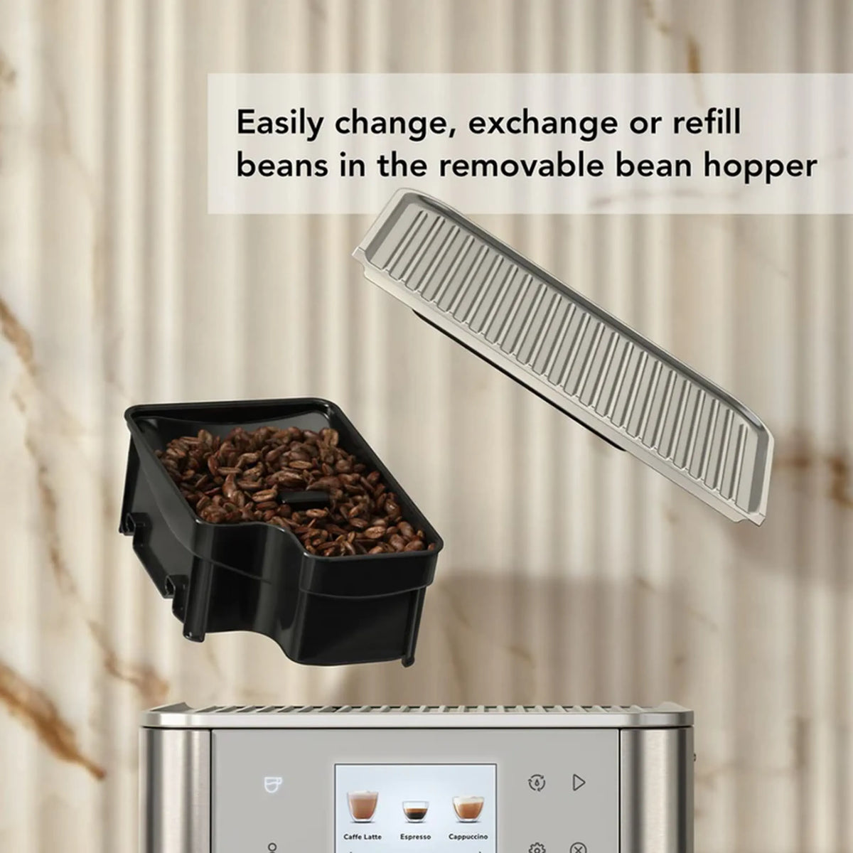 Porcelain white espresso machine with removable bean hopper insert above
