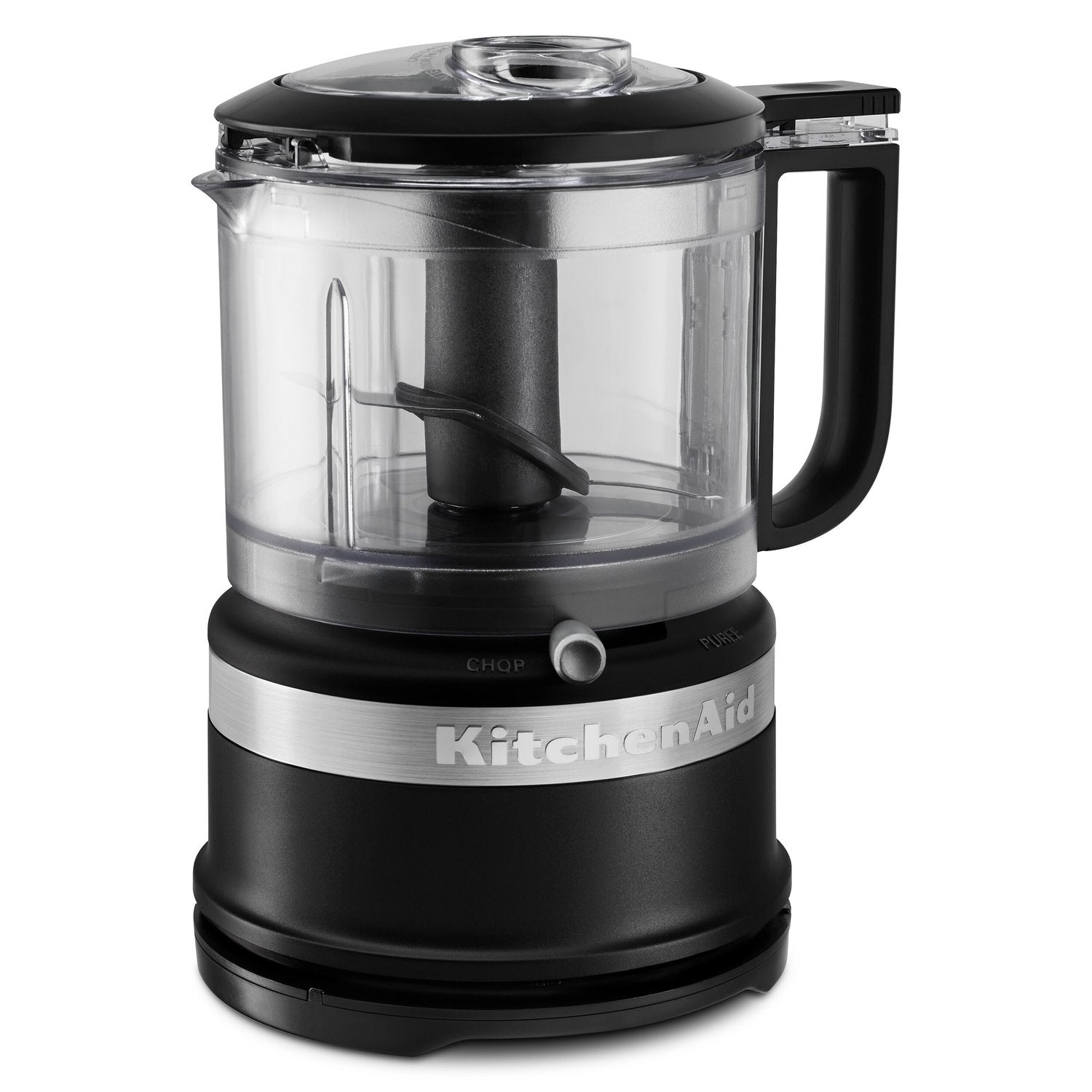 Black matte food chopper base with clear bowl and central blade mechanism