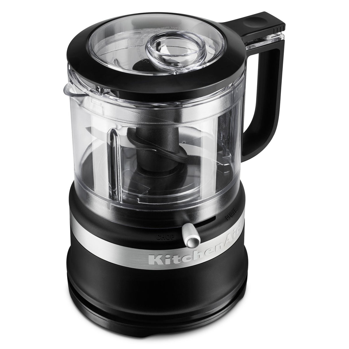 Black-lidded food chopper with clear bowl, black base, and KitchenAid label