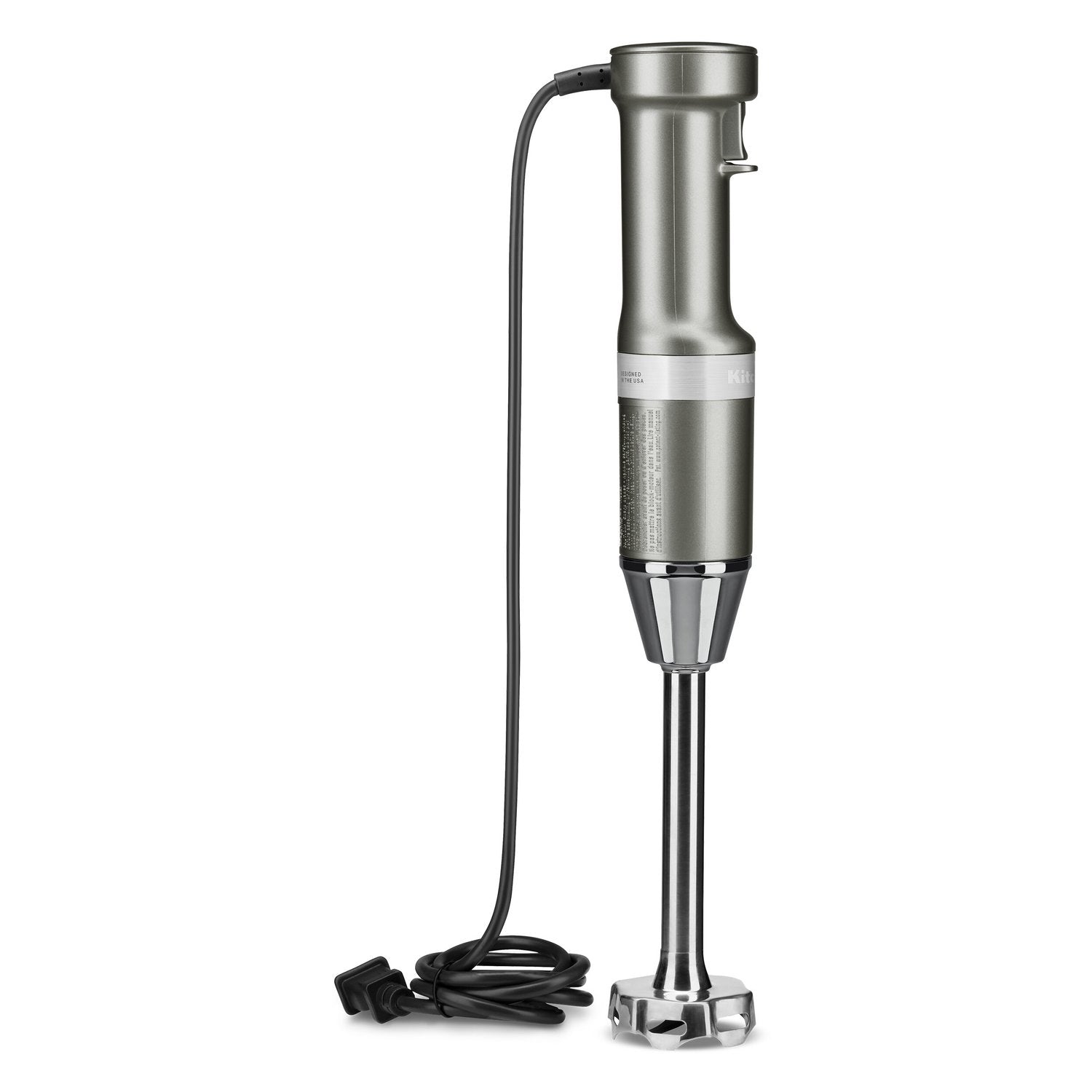 Kitchen immersion blender in Contour Silver with cord and blending shaft stand