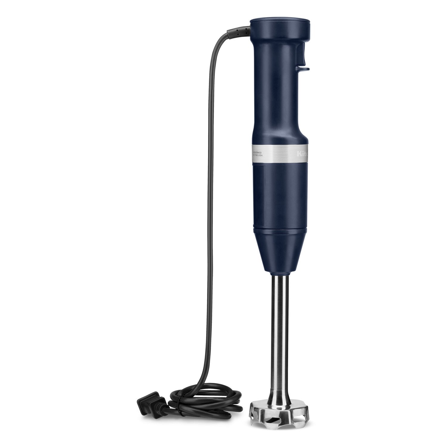 Ink blue corded immersion blender with blending shaft, base, and coiled cord