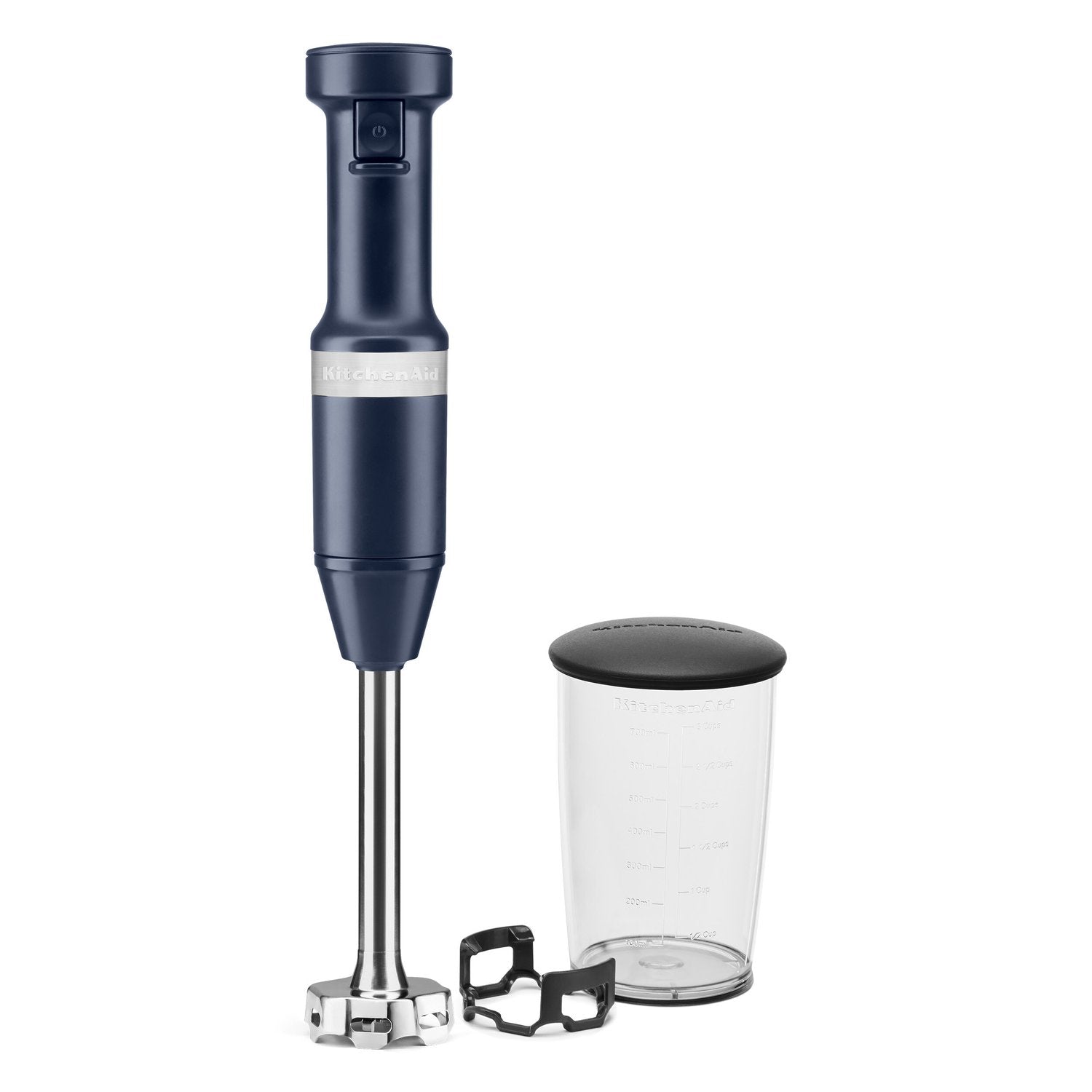 Ink blue immersion blender with blending jar, lid, and accessory parts