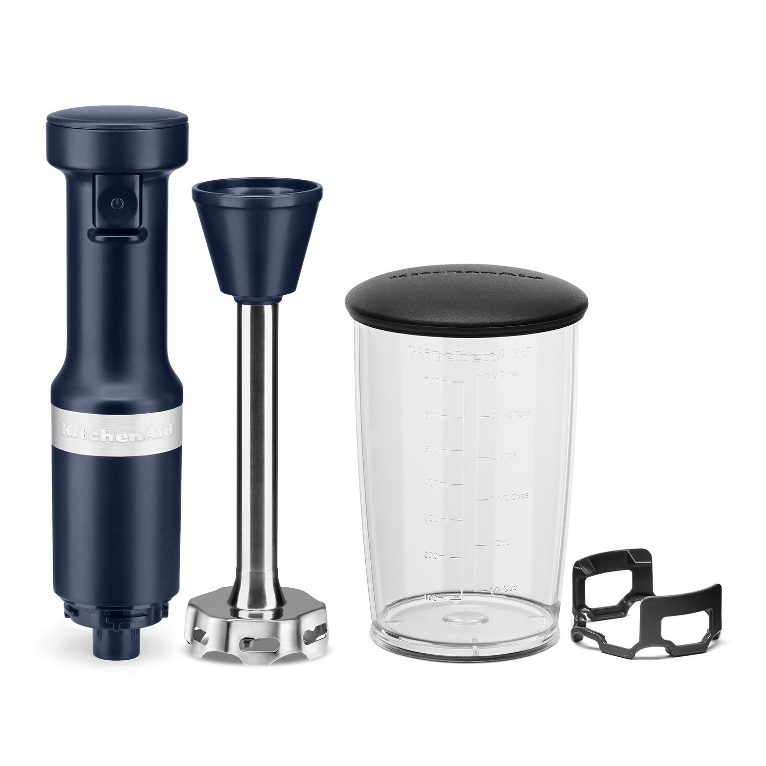 Ink blue immersion blender set with blending jar, lid, and metal blending shaft