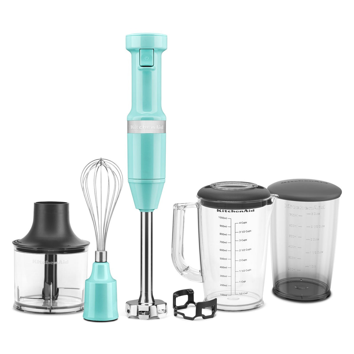 Aqua immersion blender with blending jar, lid, and whisk attachment set