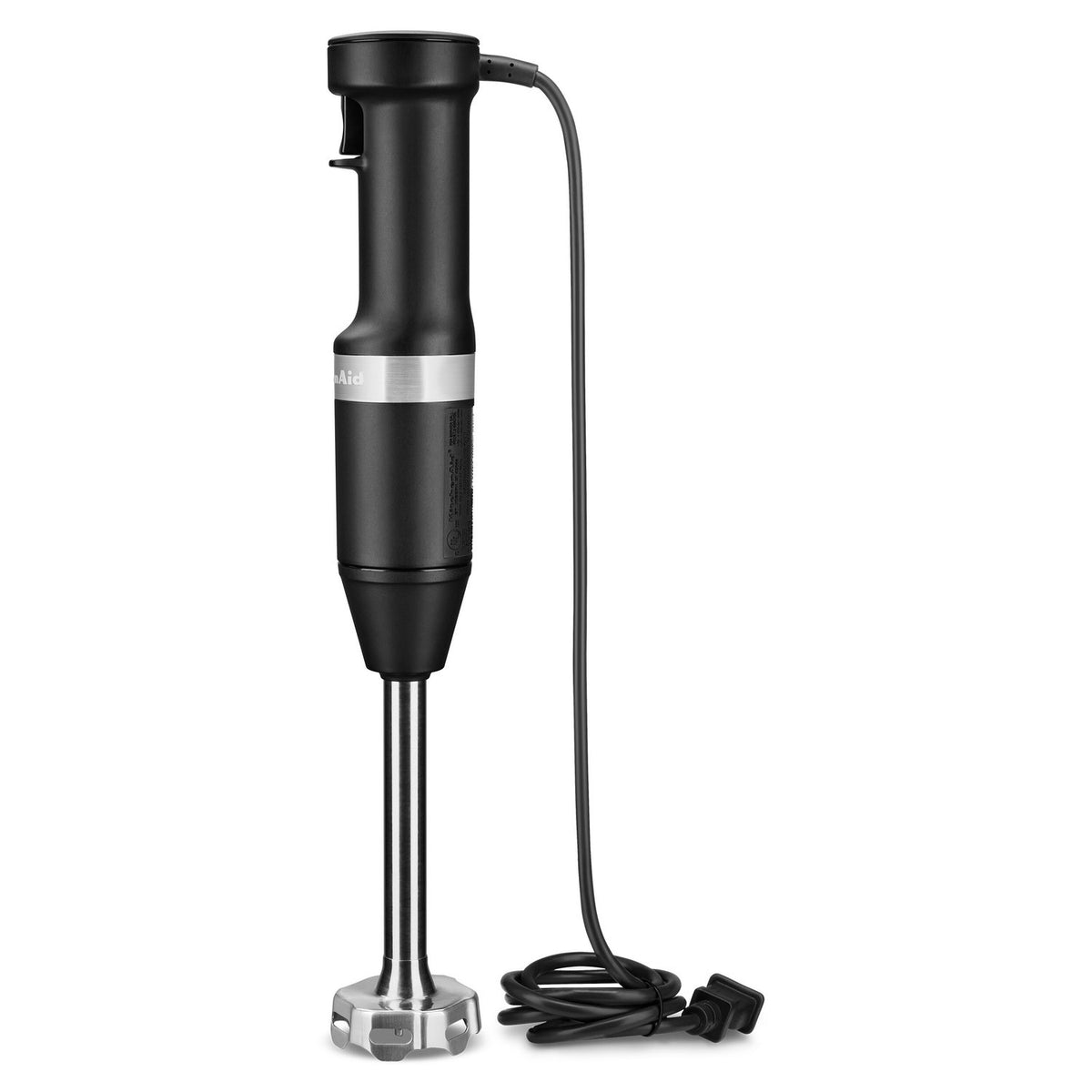 Black matte immersion blender with cord loop and metal blending base