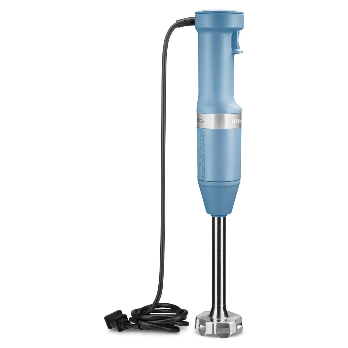 Blue corded immersion blender with blending shaft, cord, and stand base