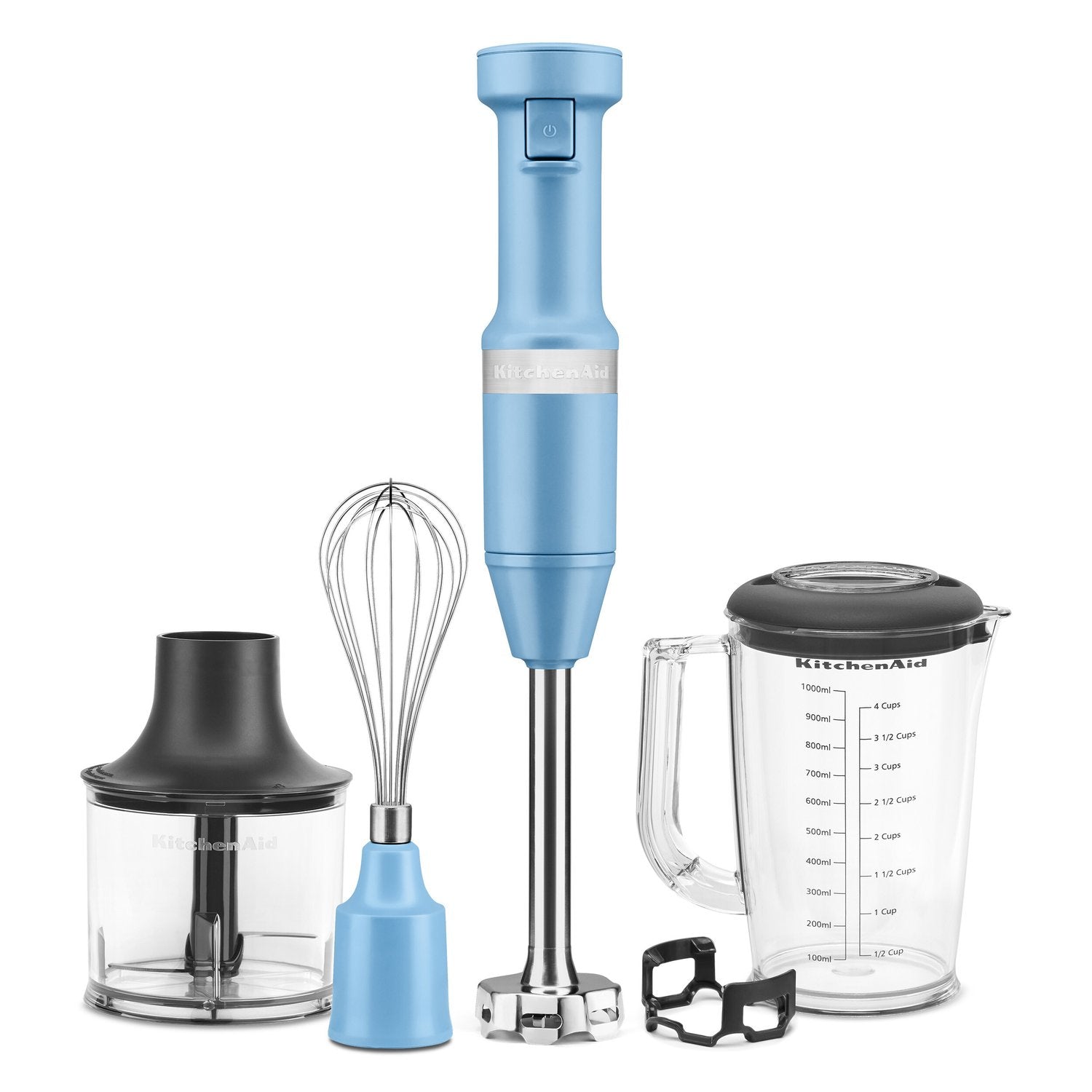 Blue corded immersion blender with blending jar, lid, and whisk attachment