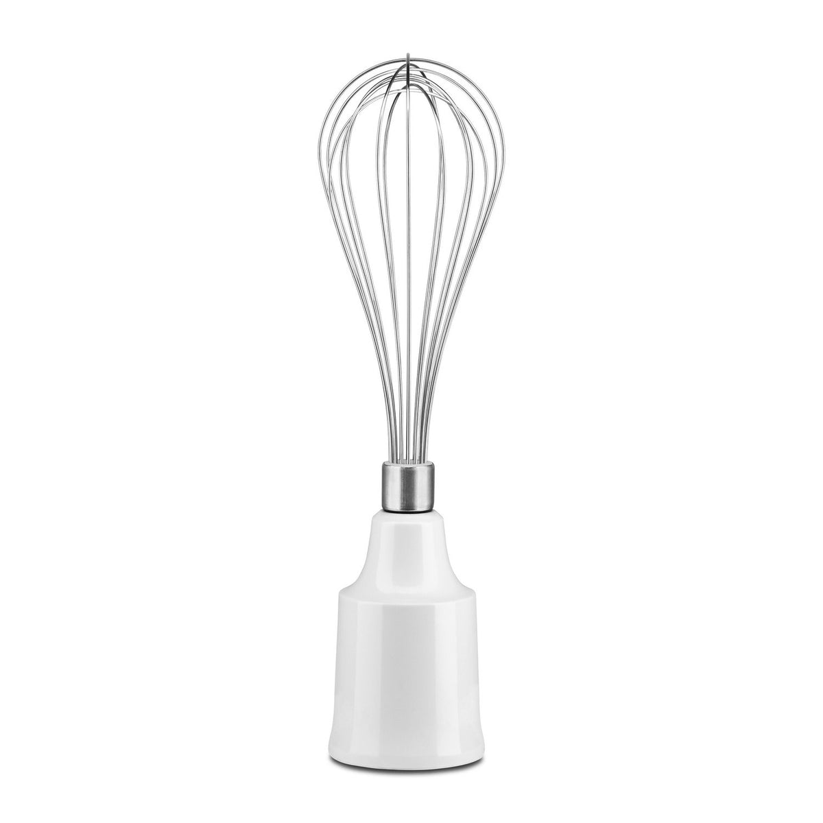 Metal whisk attachment with white handle for immersion blender