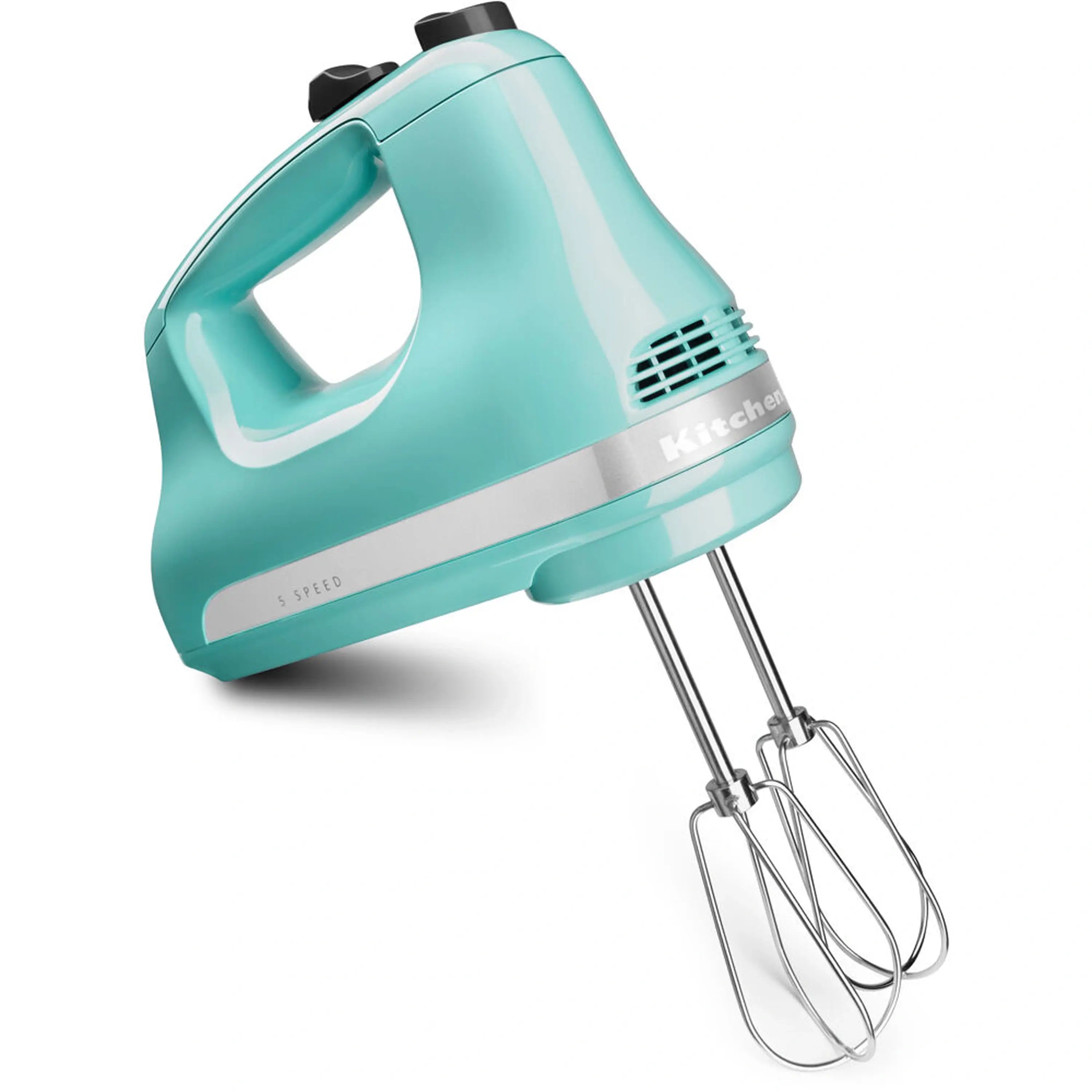 Aqua Sky KitchenAid 5-speed hand mixer with wire beaters attached