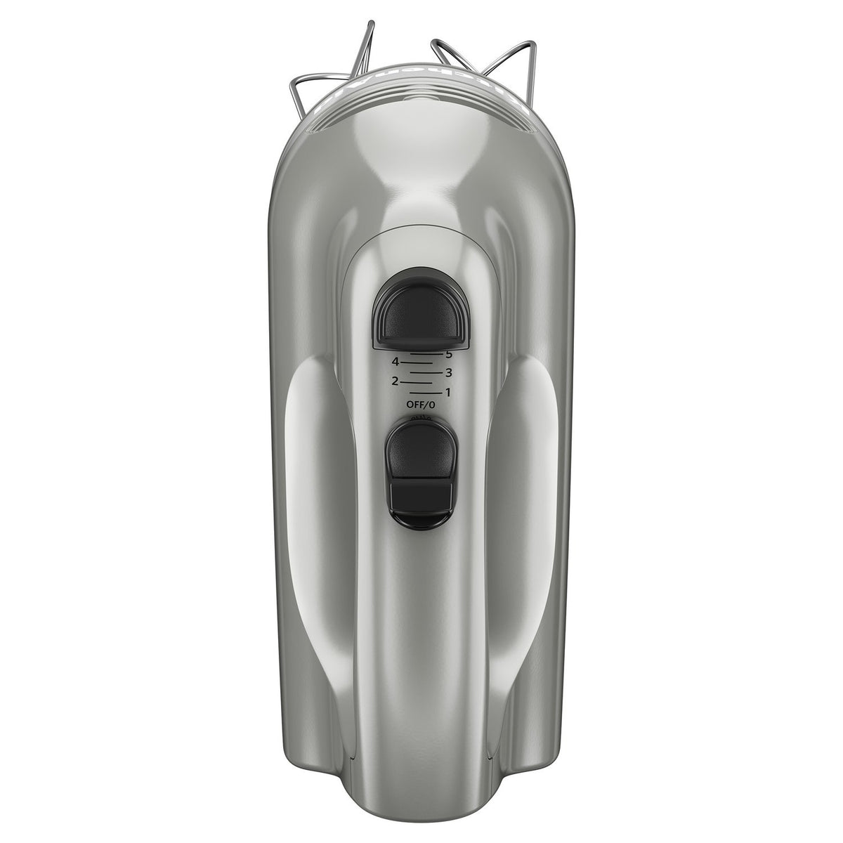 Silver 5-speed hand mixer with black speed control and wire whisk beaters
