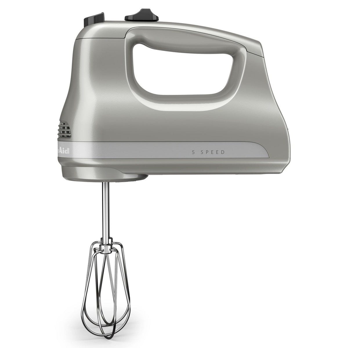 Silver hand mixer with wire whisk beaters and 5-speed markings