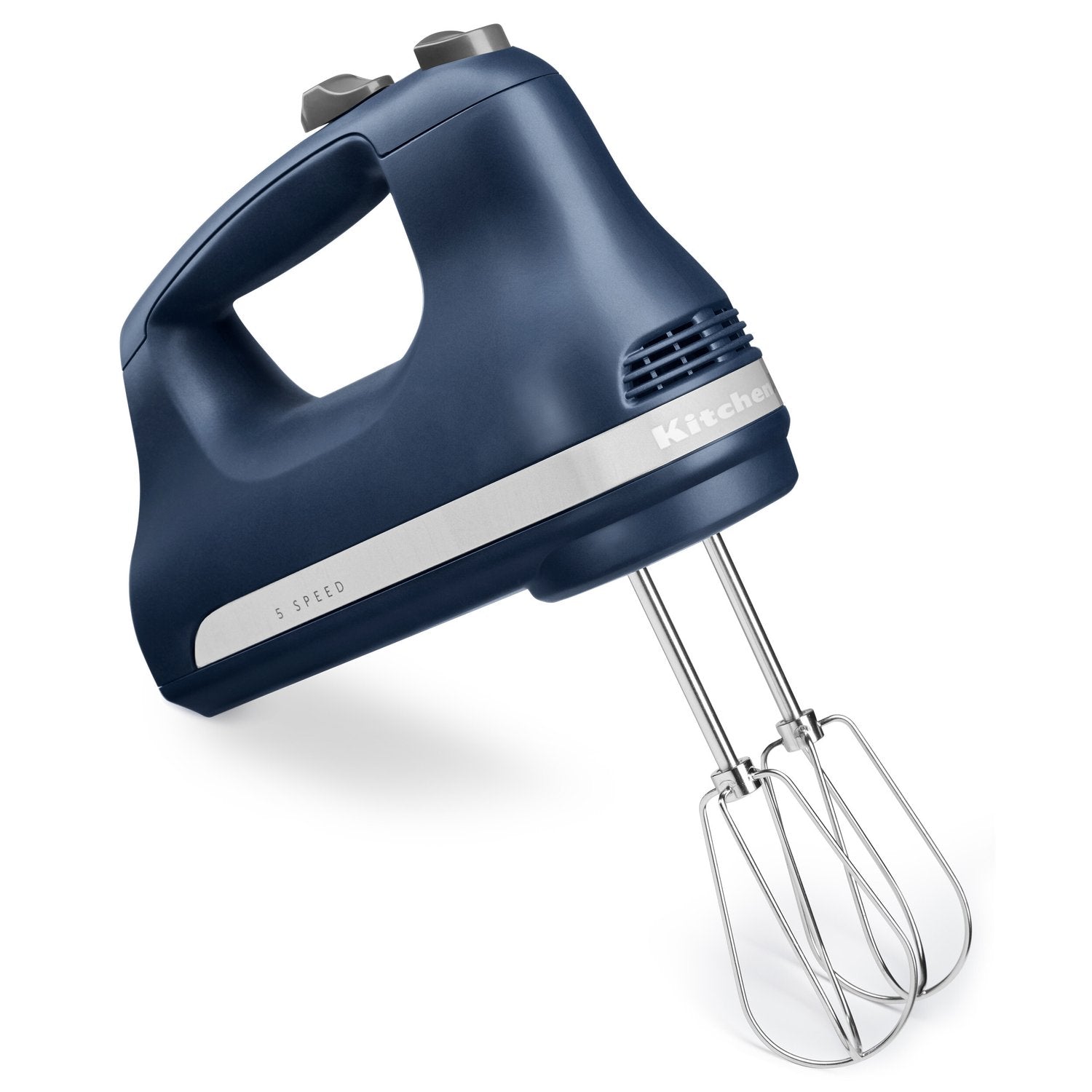 KitchenAid hand mixer in ink blue, side view with dual beaters and vent grille