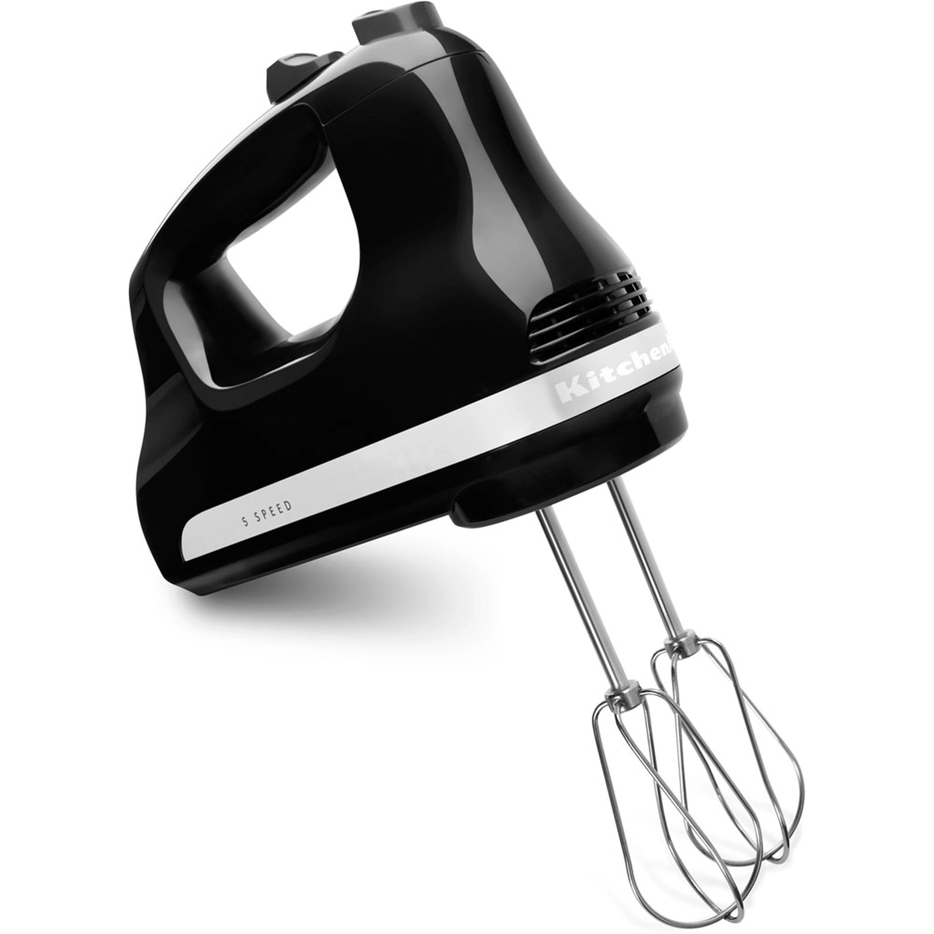 KitchenAid 5-speed hand mixer in onyx black with metal beaters attached