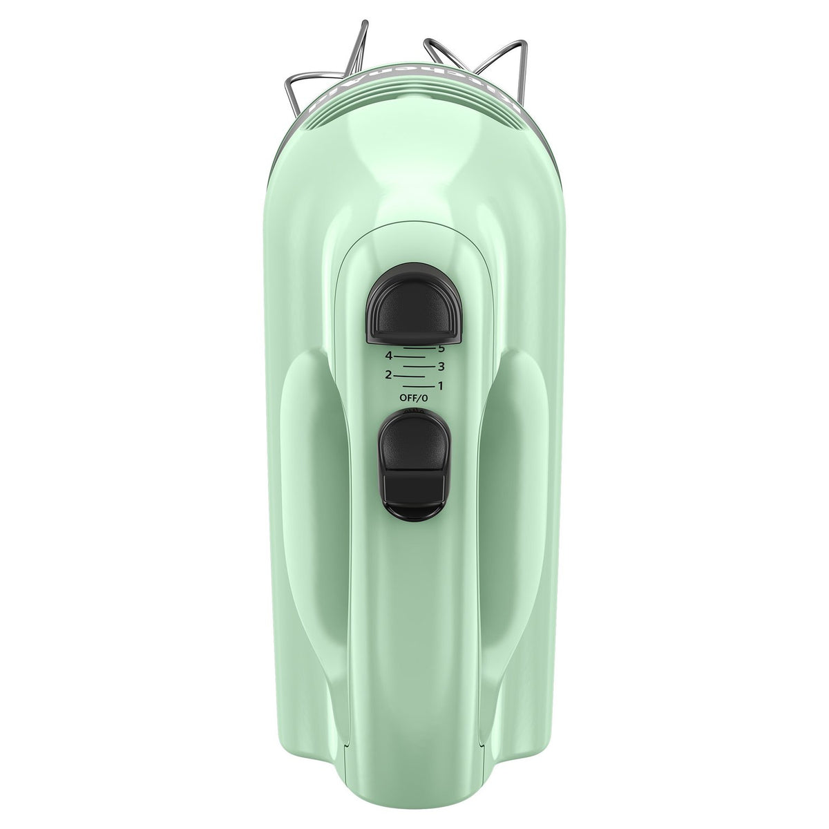 Pistachio green hand mixer with top speed dial and black power switch