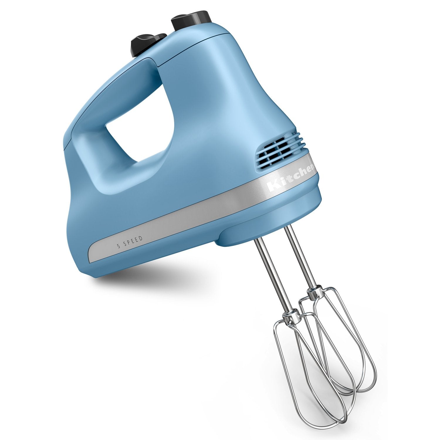 Blue KitchenAid hand mixer with wire beaters attached