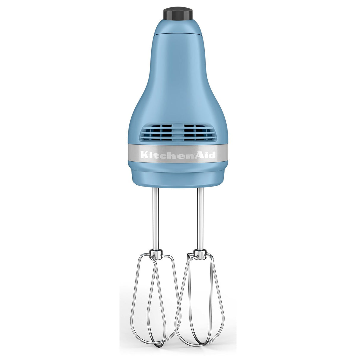 Blue KitchenAid hand mixer head with two wire beaters