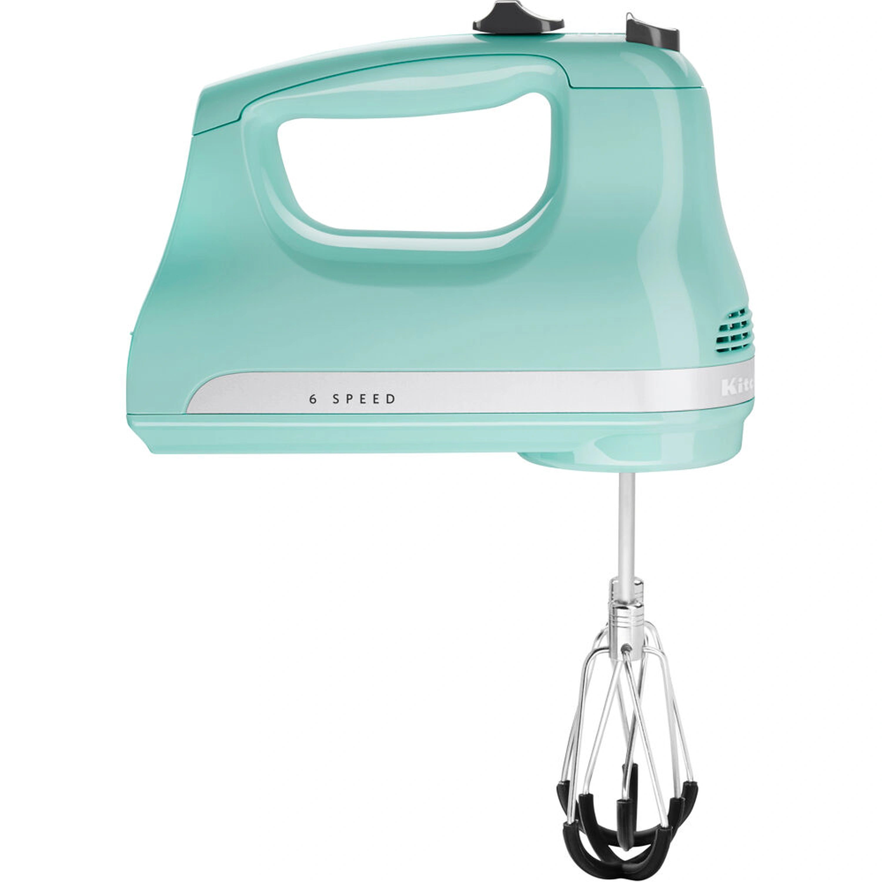 Ice blue 6-speed hand mixer with attached beaters, compact handheld design