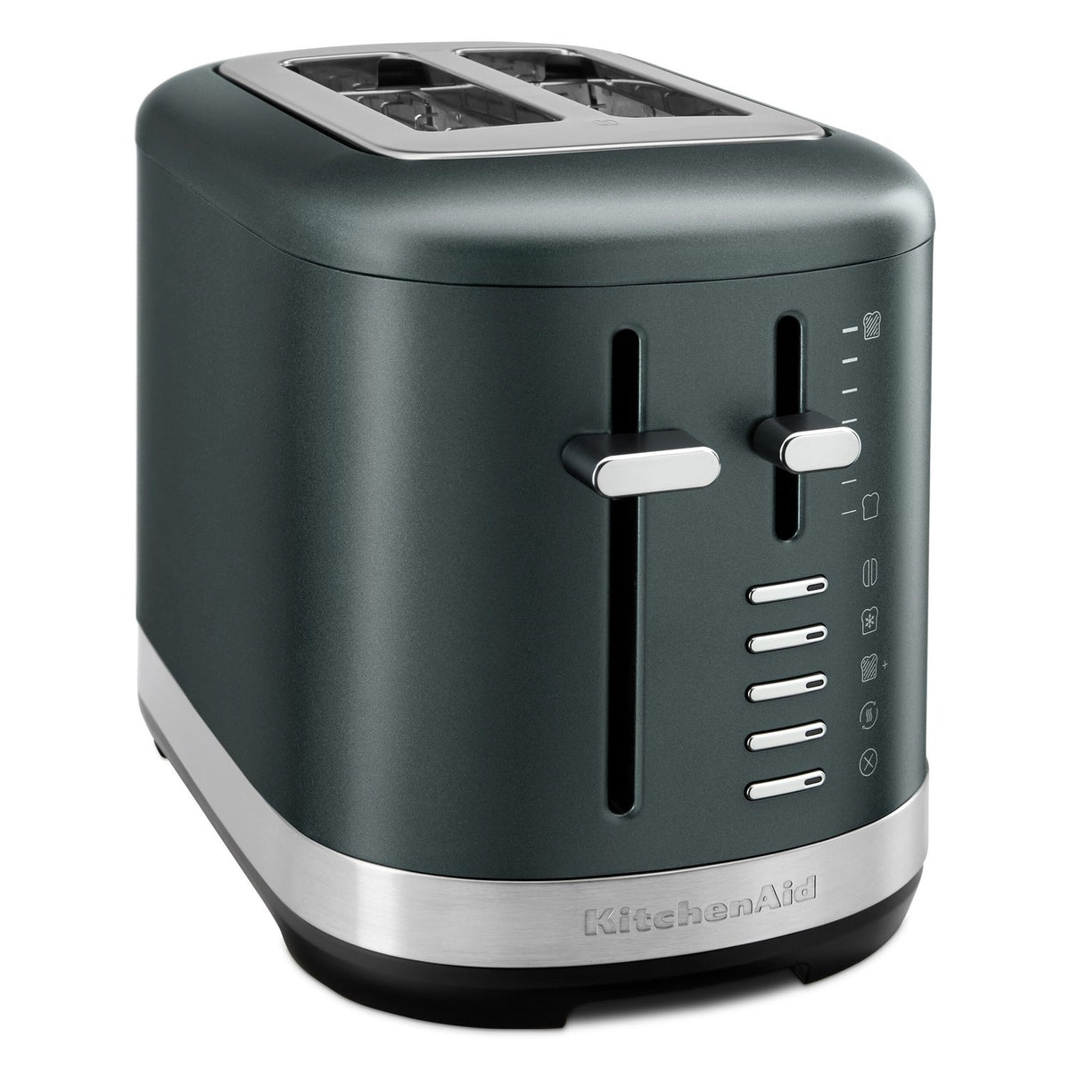 KitchenAid 2-slice toaster in juniper, side panel with control dials and lever