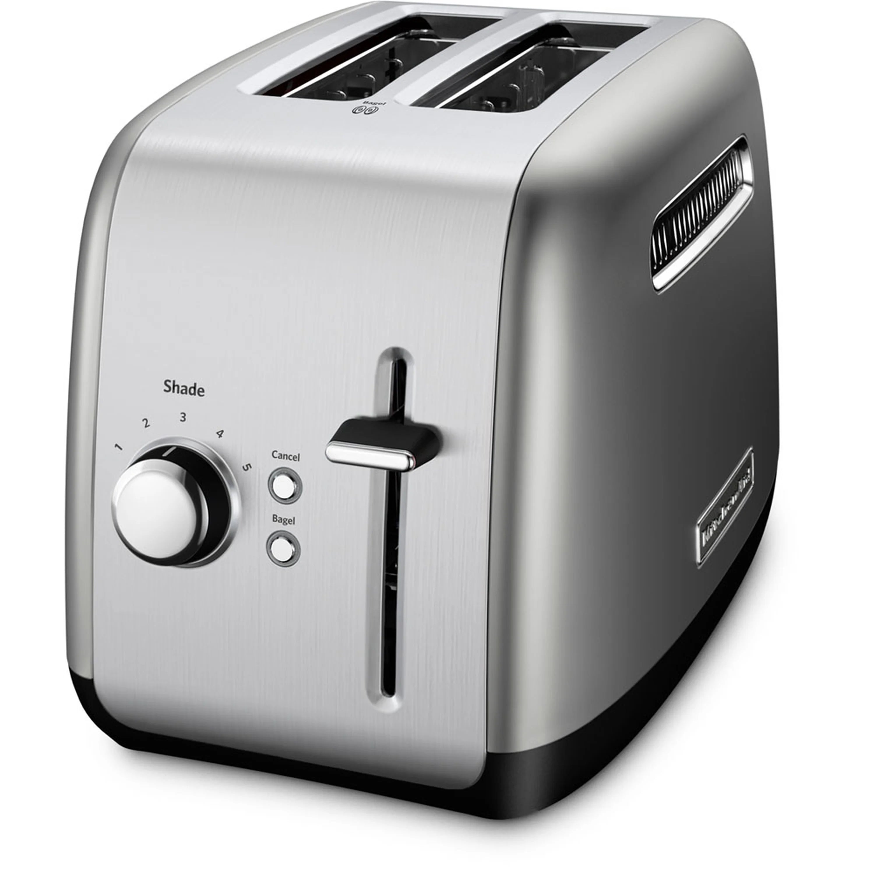 2-slice silver toaster with manual lift lever and shade/controls dial