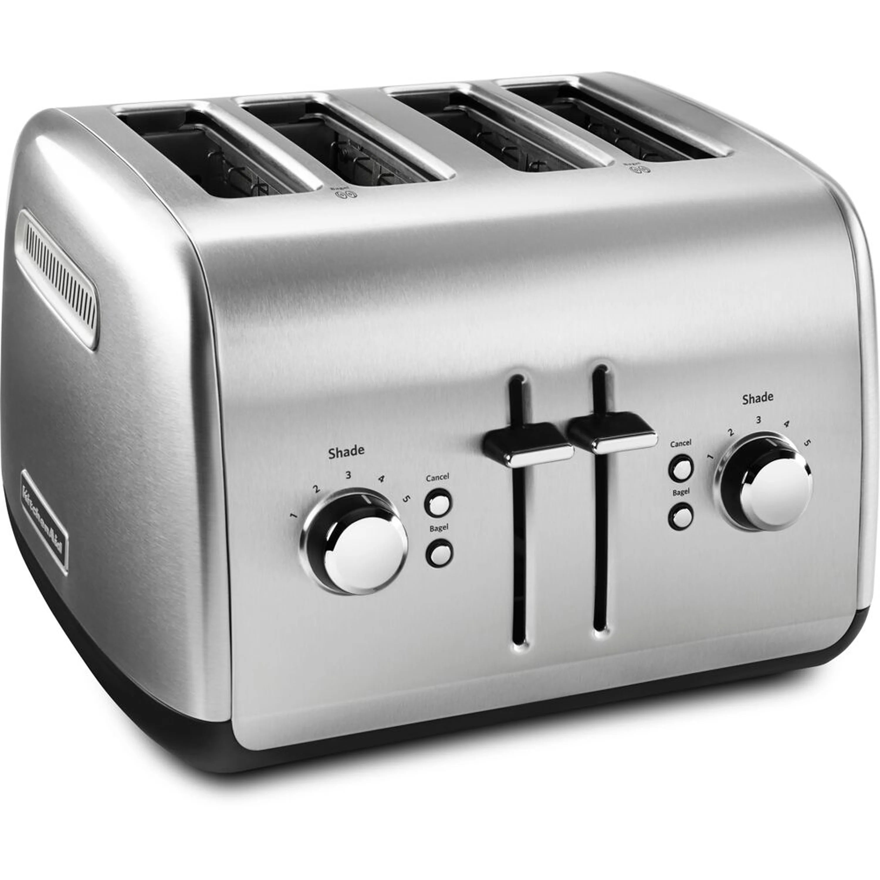4-slice brushed stainless steel toaster with manual lift lever and control knobs