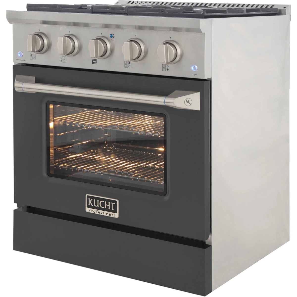 Kucht propane gas range, oven door open with five control knobs above