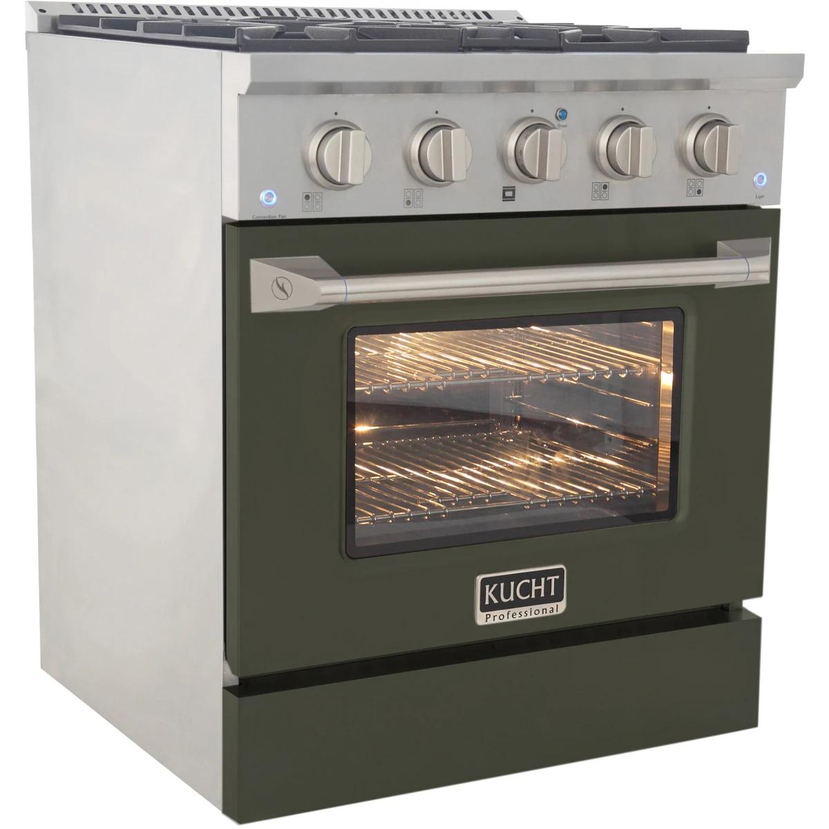 Kucht propane gas range with open oven door, lit interior, and olive front panel