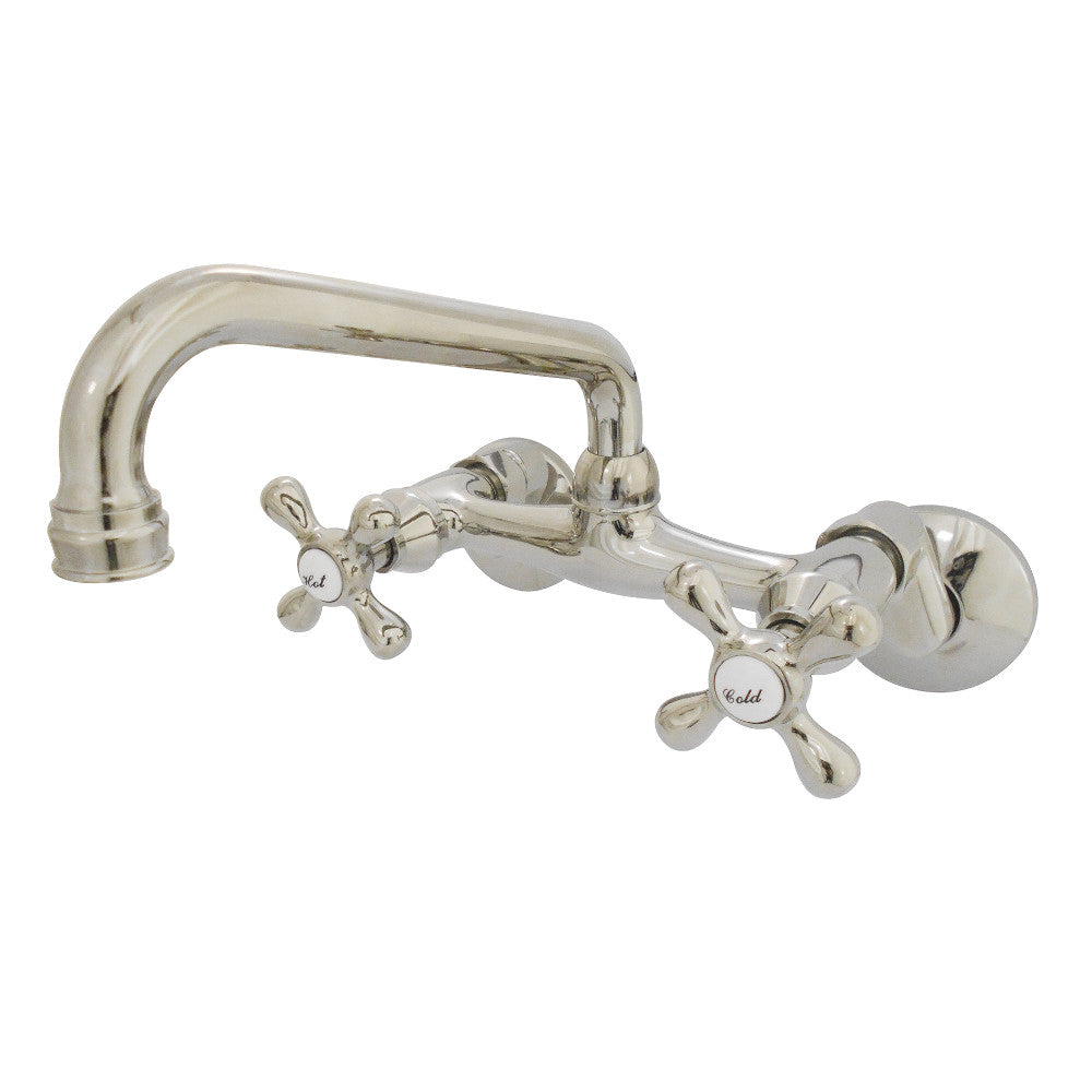 Polished nickel bridge kitchen faucet with two cross handles and curved spout