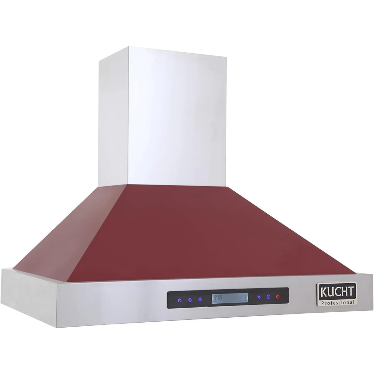 Stainless wall-mount range hood with dark red canopy and touch control panel