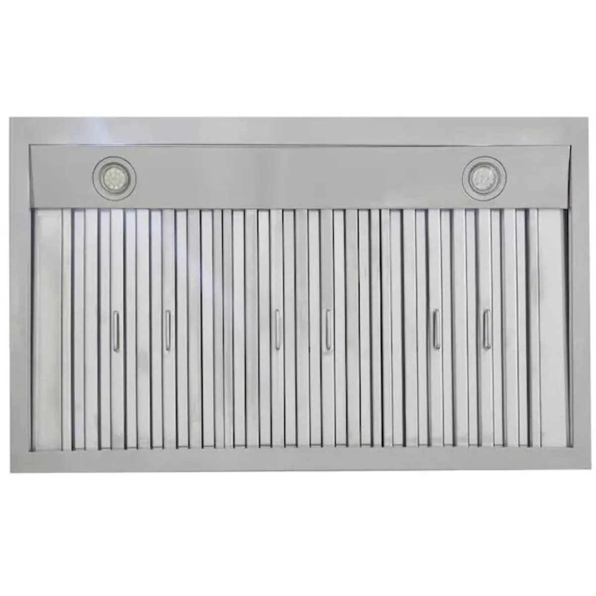 Stainless range hood baffle with vertical slats and two circular vent openings