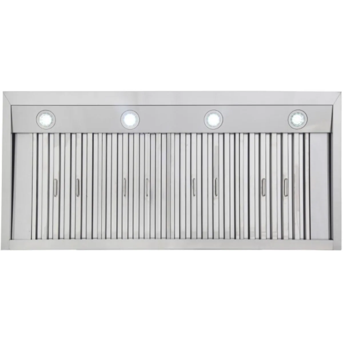 Stainless steel range hood baffle with vertical slat filters and round lights