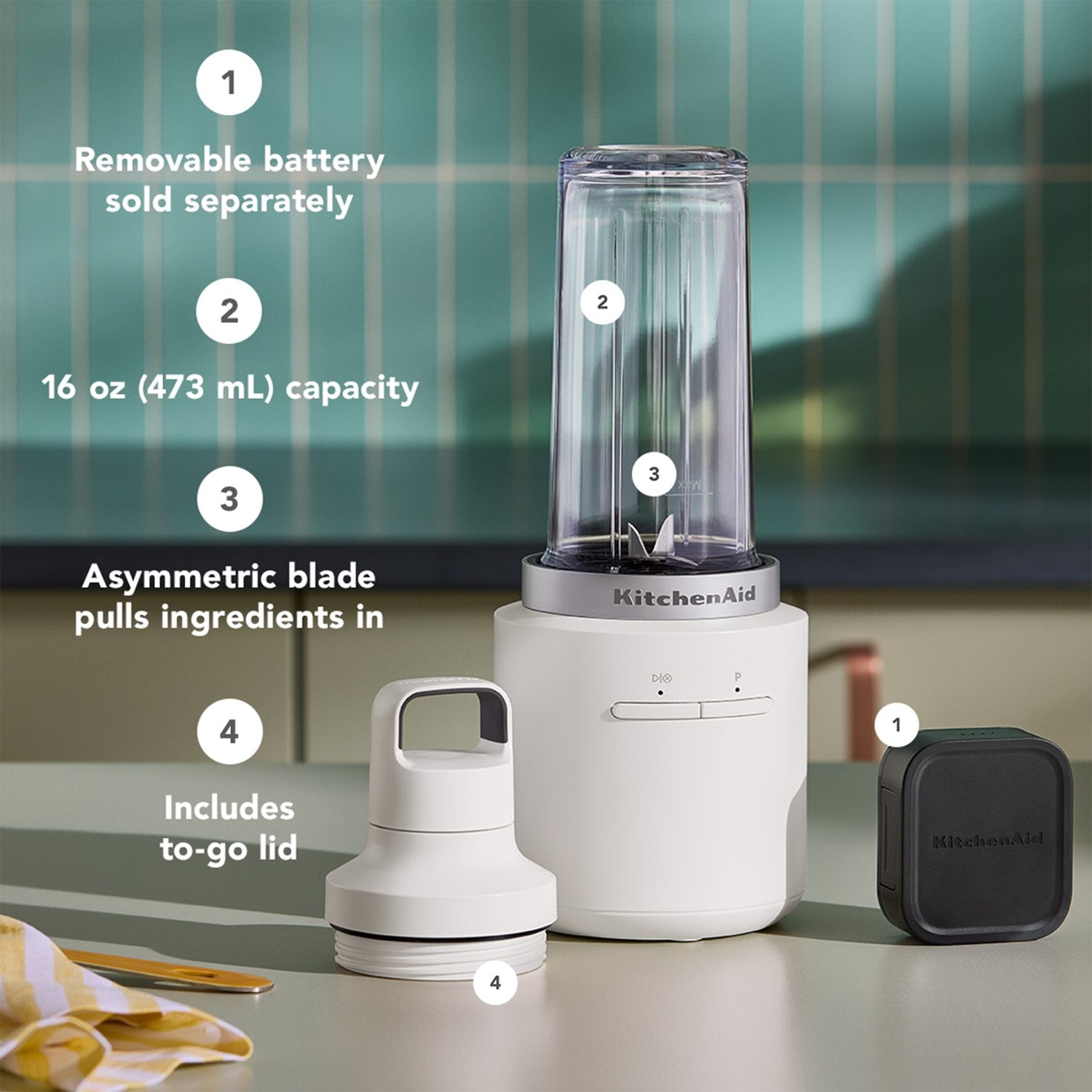 KitchenAid Cordless 12V 16 Oz. Personal Blender with Travel Lid in Porcelain (KSBR200PL) - image 3