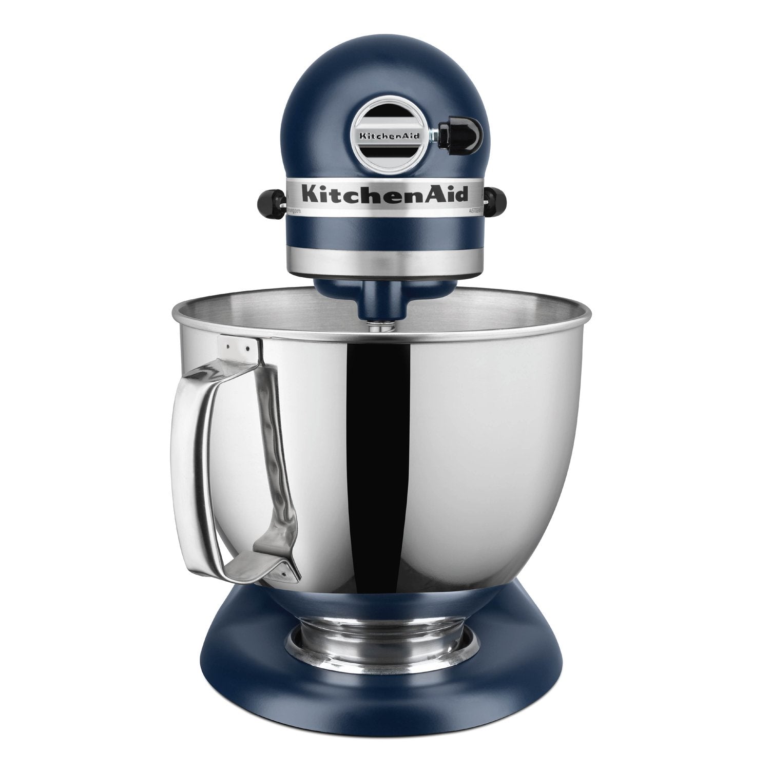 KitchenAid tilt-head stand mixer with stainless steel bowl, ink blue body