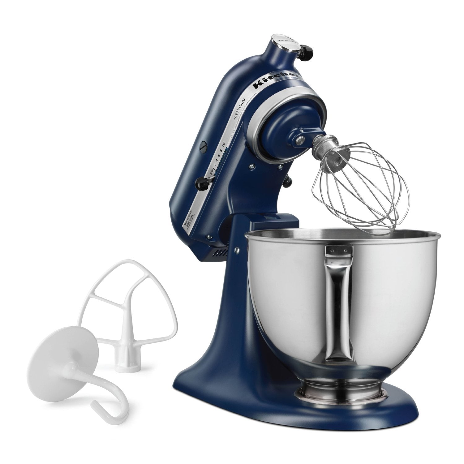 KitchenAid stand mixer with whisk attachment, stainless bowl, and white beaters