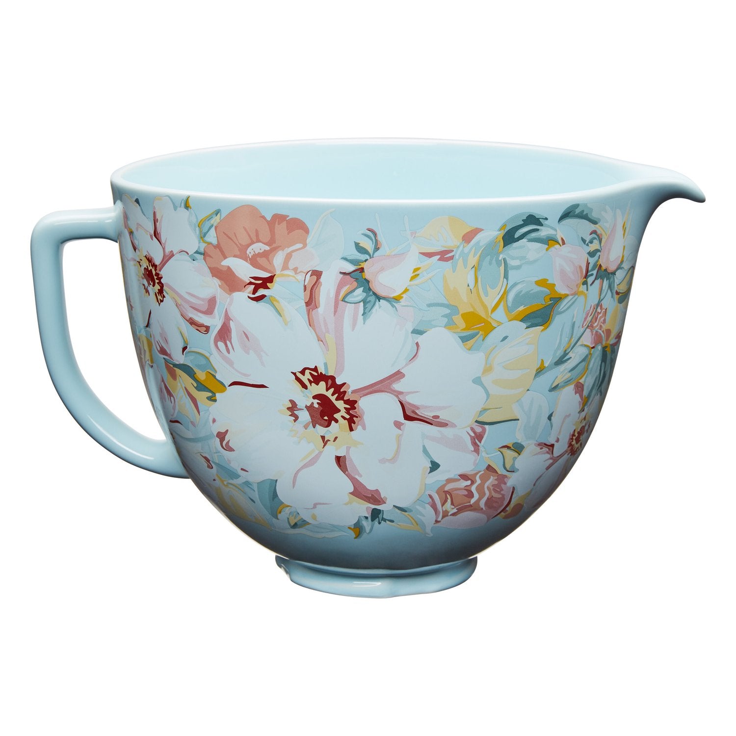 Ceramic mixing bowl with floral Gardenia print, light blue handle and rim