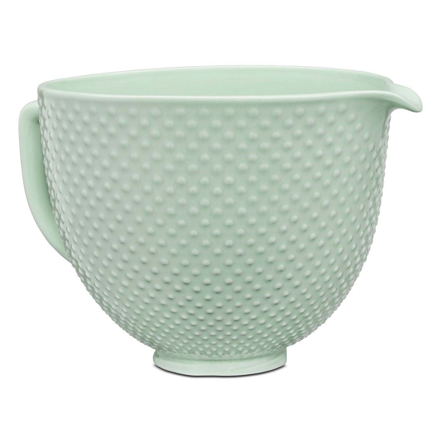 Mint green ceramic mixing bowl with textured surface and pour spout