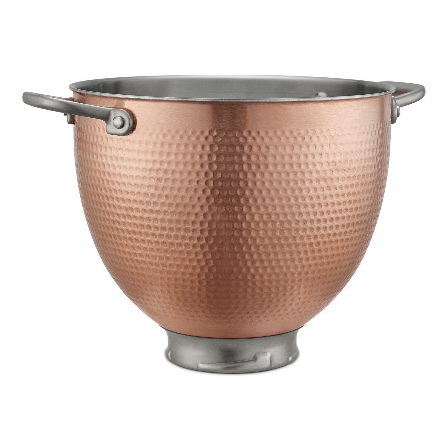 Hammered copper mixing bowl with two side handles and stainless steel base