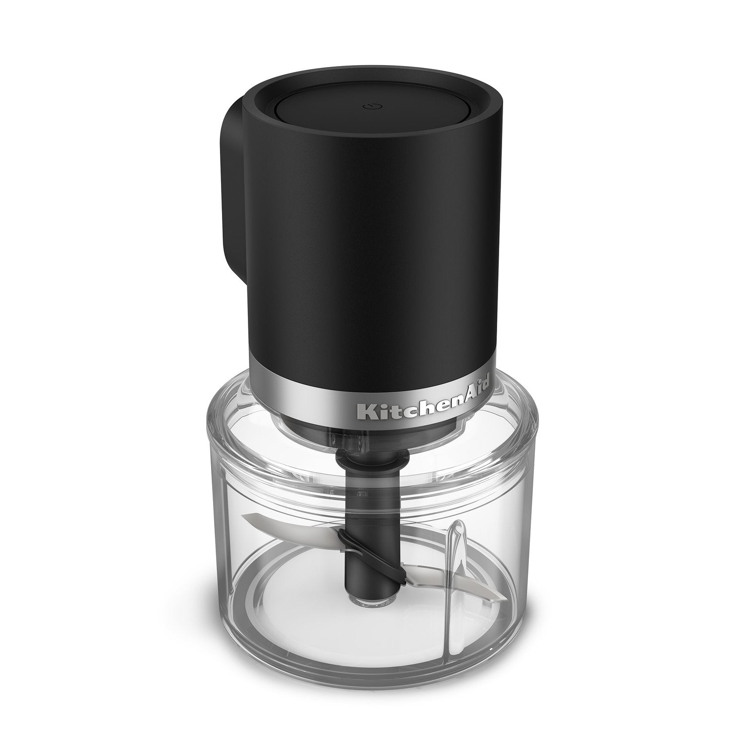 Black matte cordless chopper with clear bowl and mounted S-blade attachment