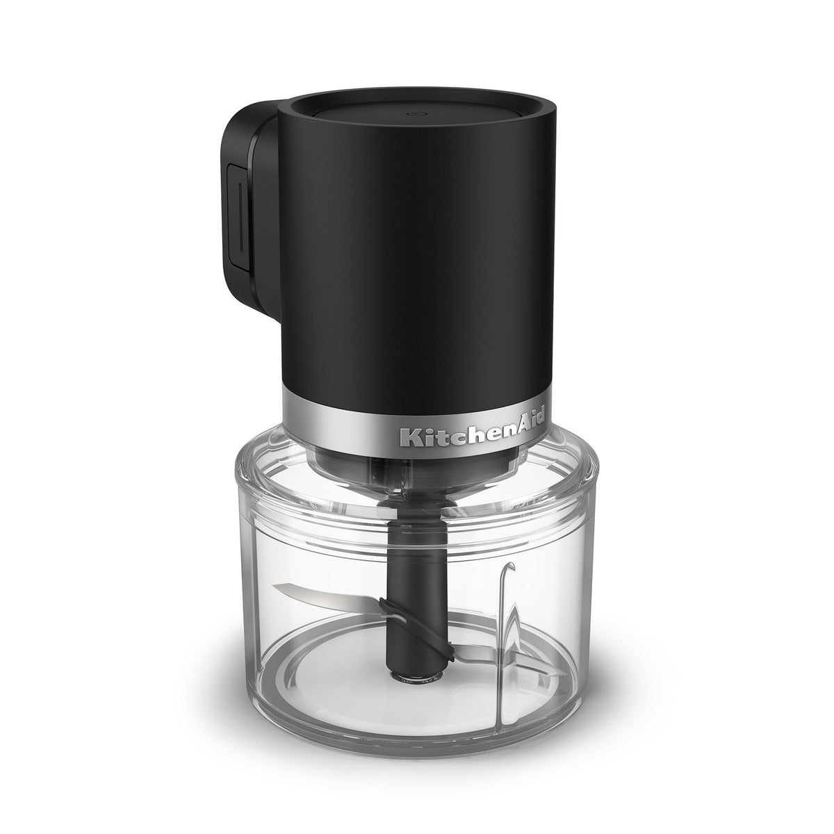 KitchenAid top-down chopper with matte black motor and clear bowl with blade
