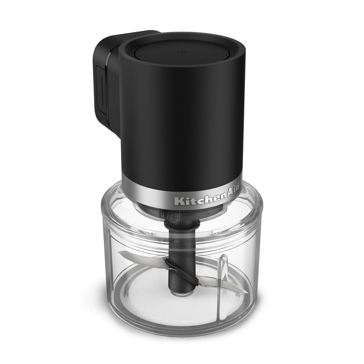 KitchenAid cordless top-down chopper with matte black lid and clear storage bowl