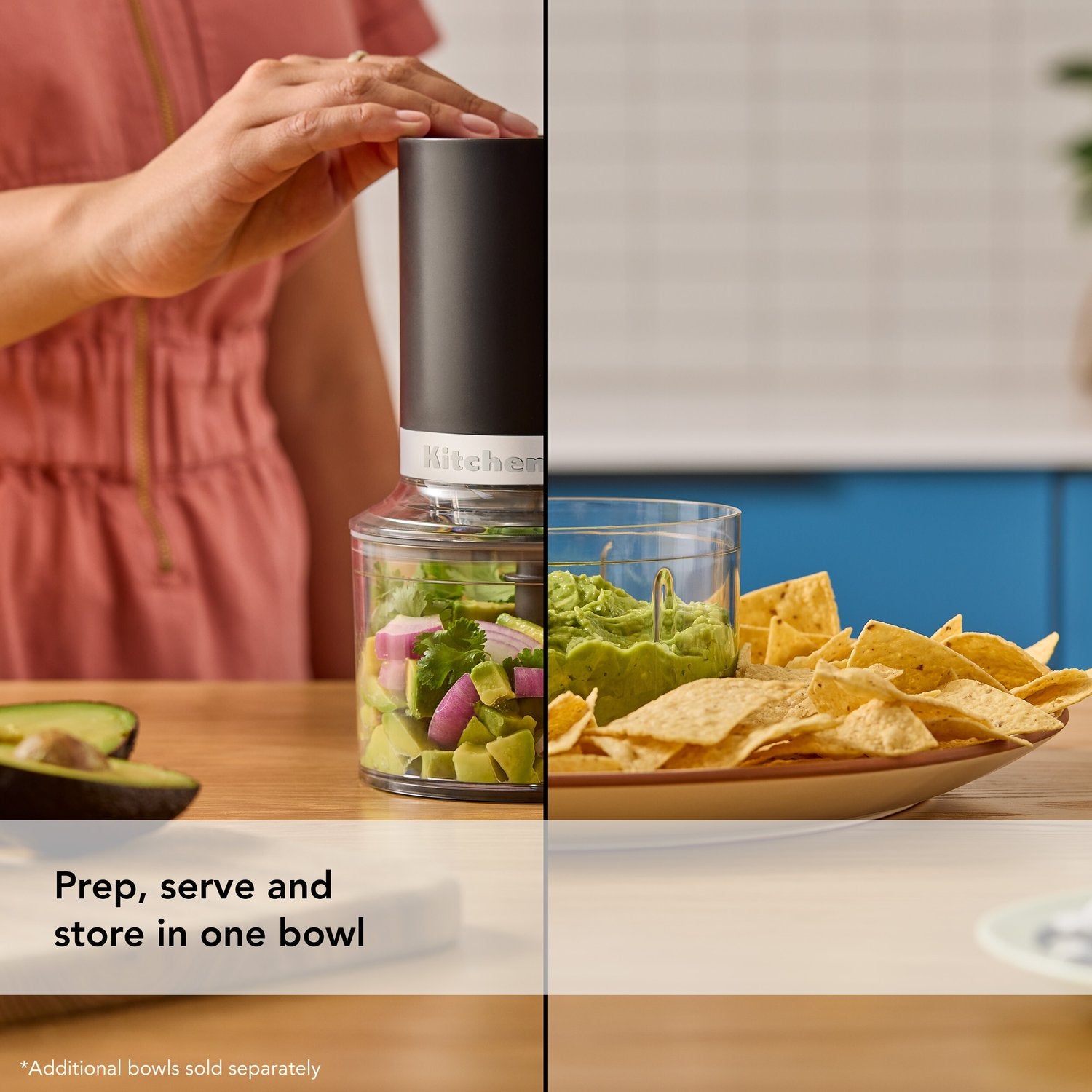 KitchenAid chopper being held above a bowl with chopped ingredients