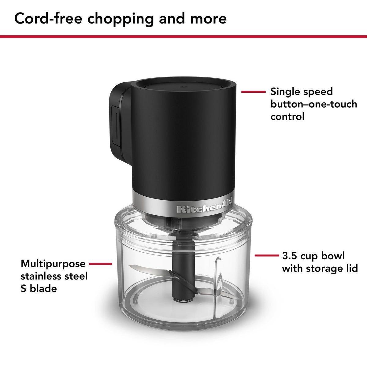 KitchenAid cordless chopper base with 3.5-cup bowl and single-speed button control