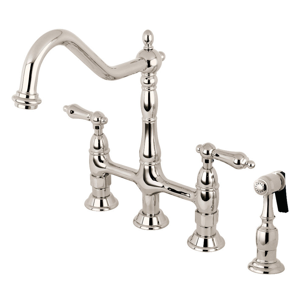 Polished nickel bridge kitchen faucet with high-arc spout and brass side sprayer