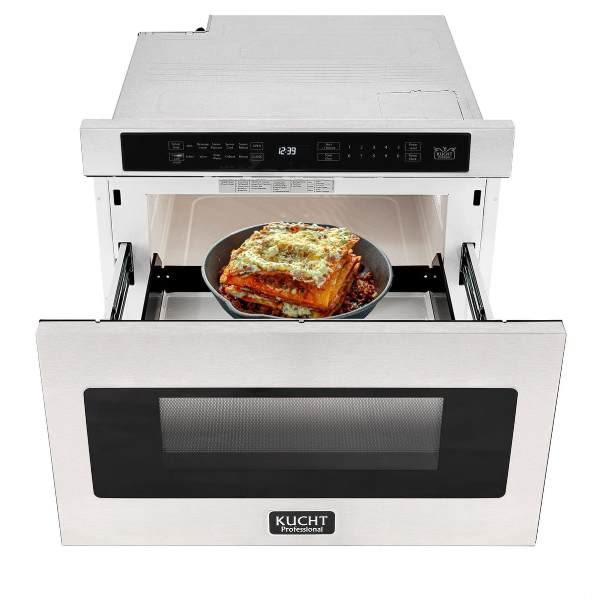 Open Kucht oven range door with roasted food inside and black oven cavity