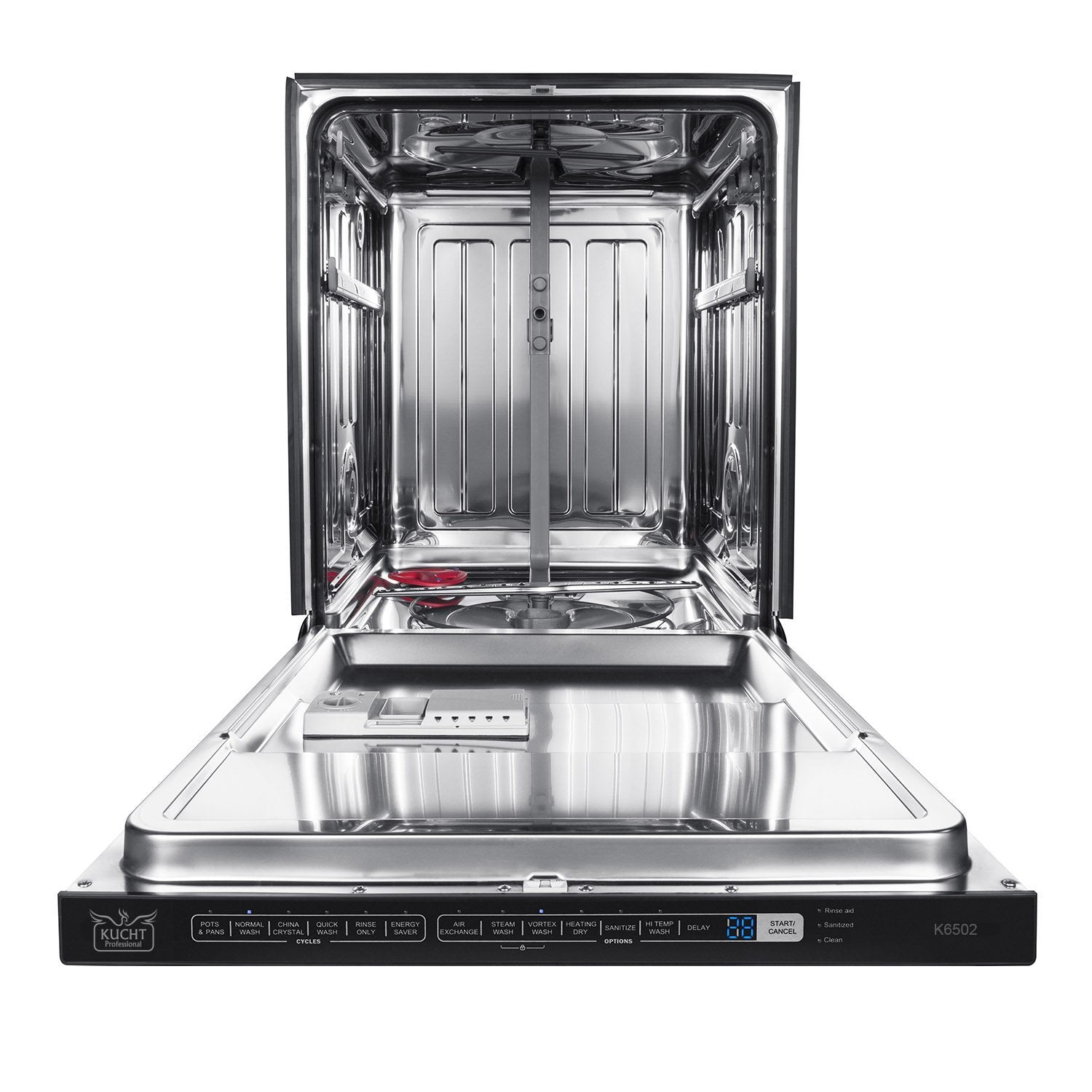 Open dishwasher interior with rack guides and stainless steel base