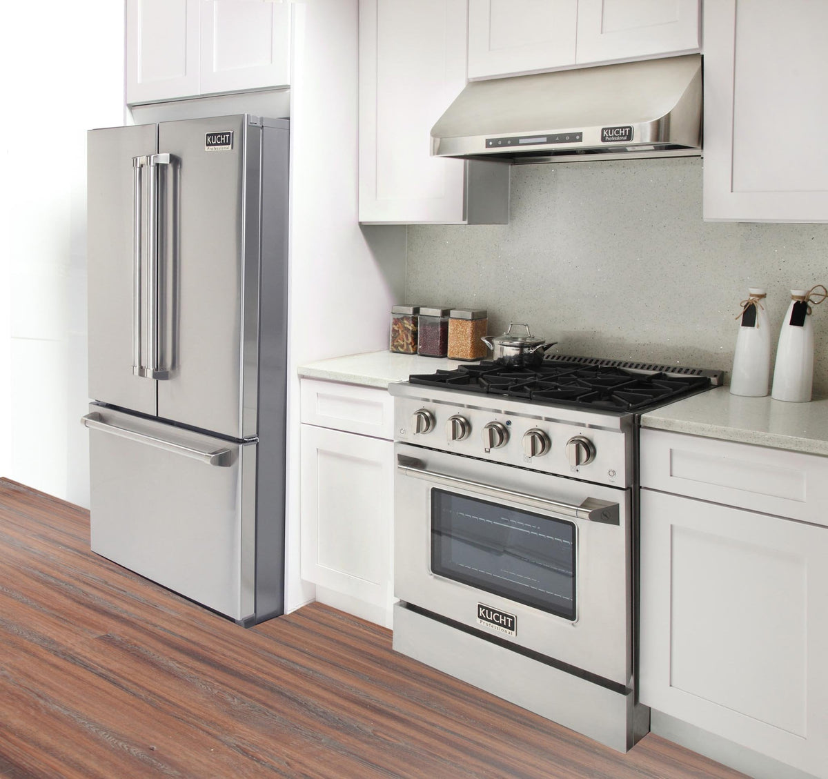 Stainless steel propane gas range with oven door and control knobs
