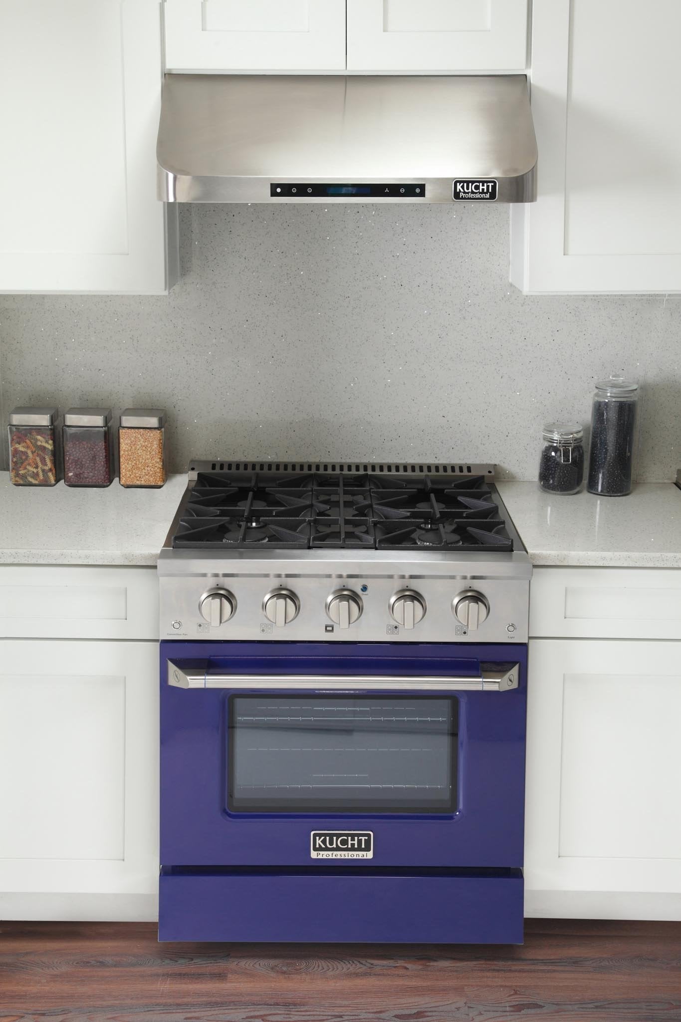 Built-in blue gas range with open burner grates and closed oven door