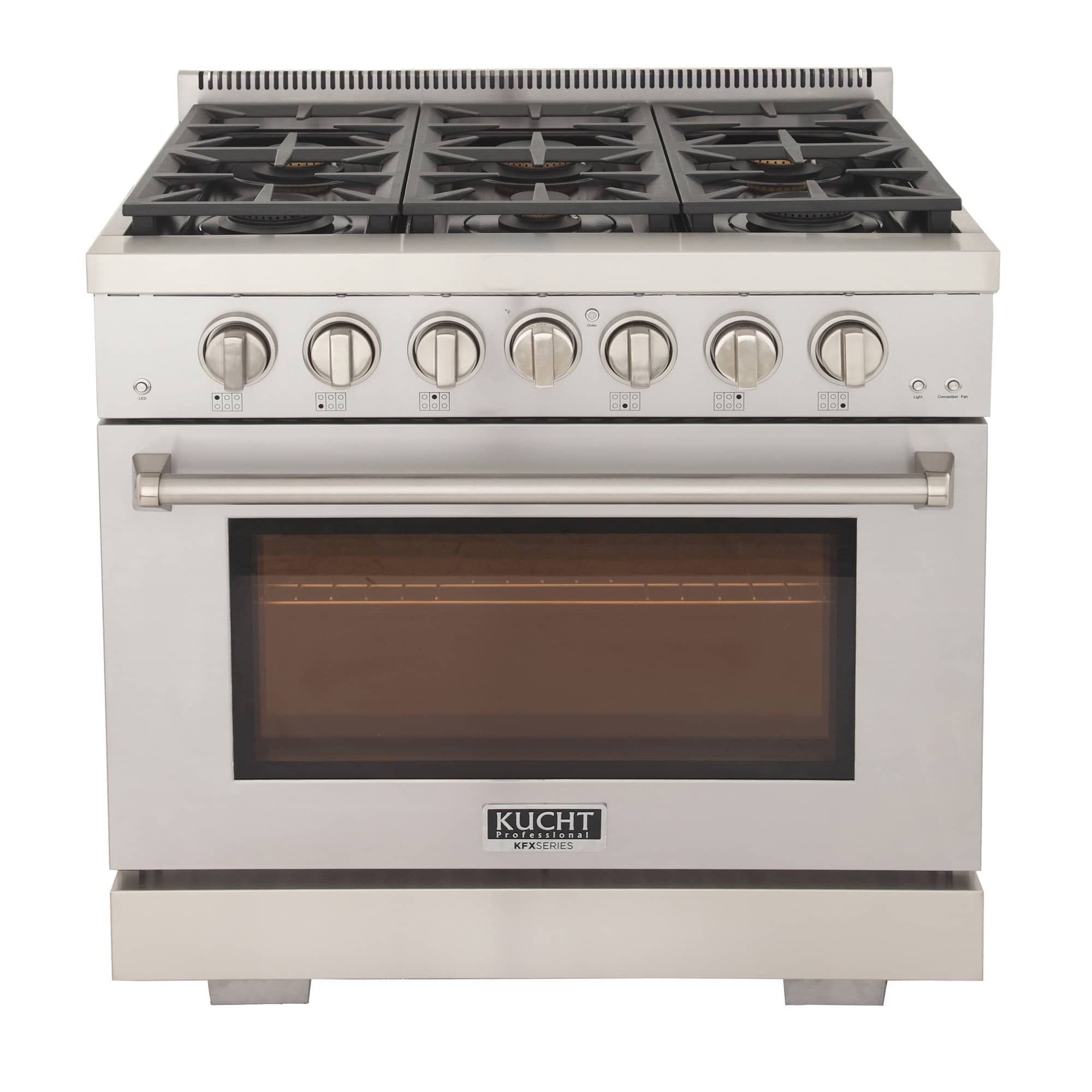 Stainless propane gas range with five burners and glass oven door