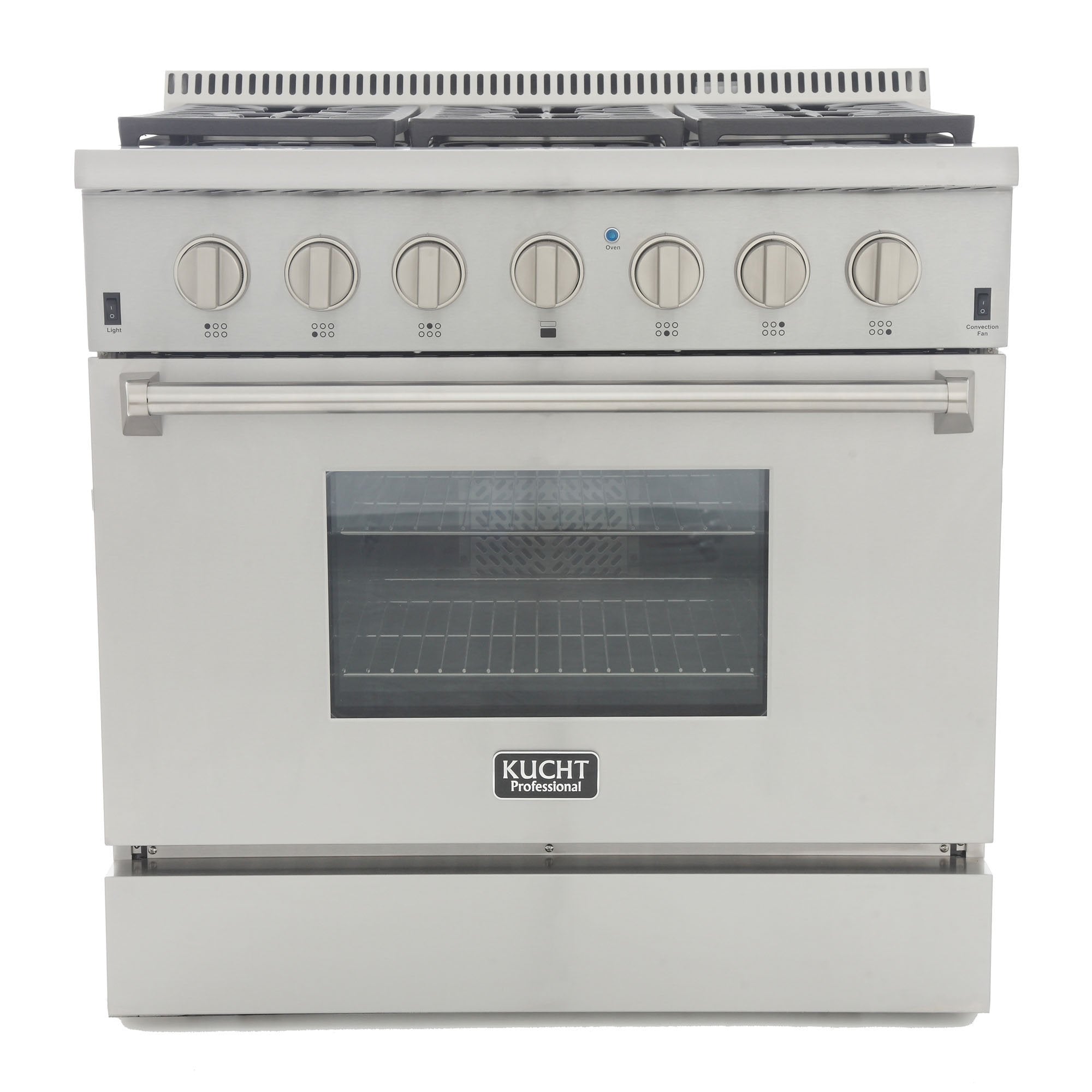 Stainless steel propane gas range with oven door window and burner control knobs